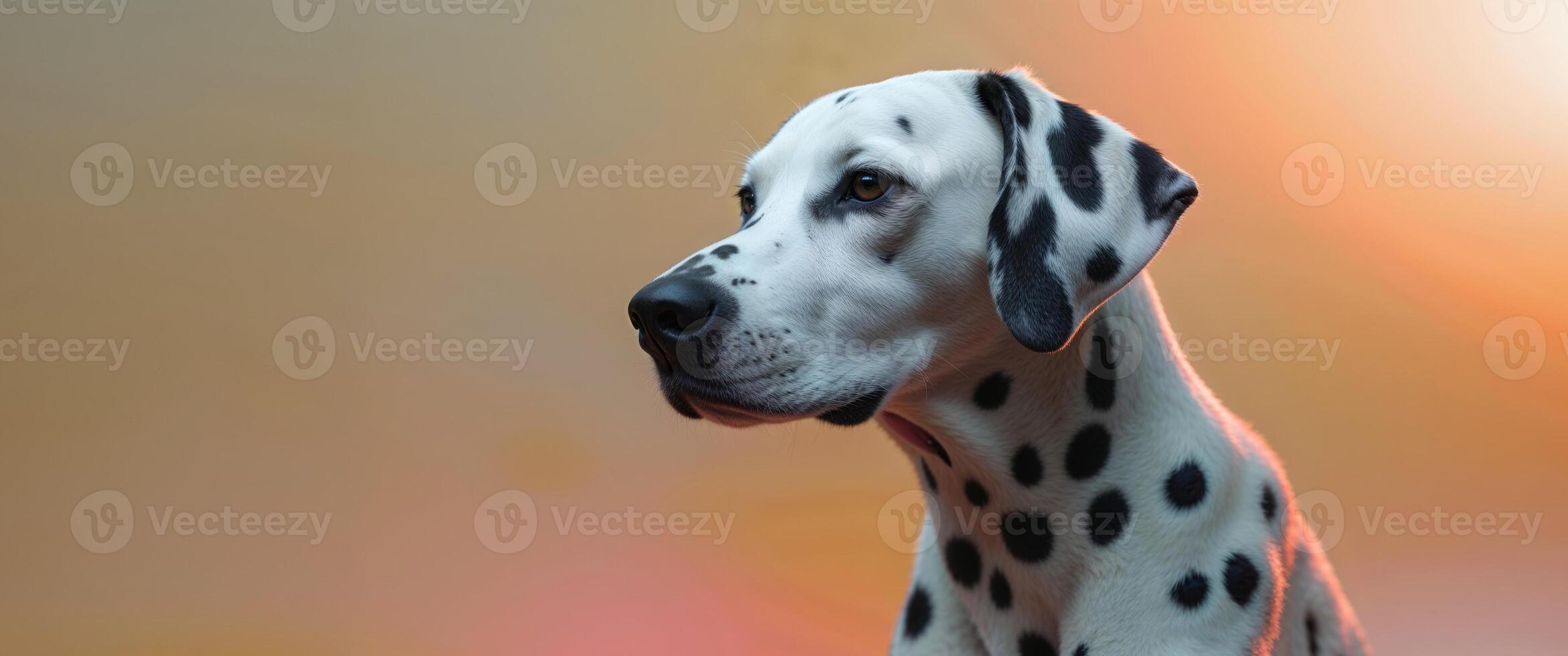 Dalmatian dog gazing thoughtfully in golden sunset background photo