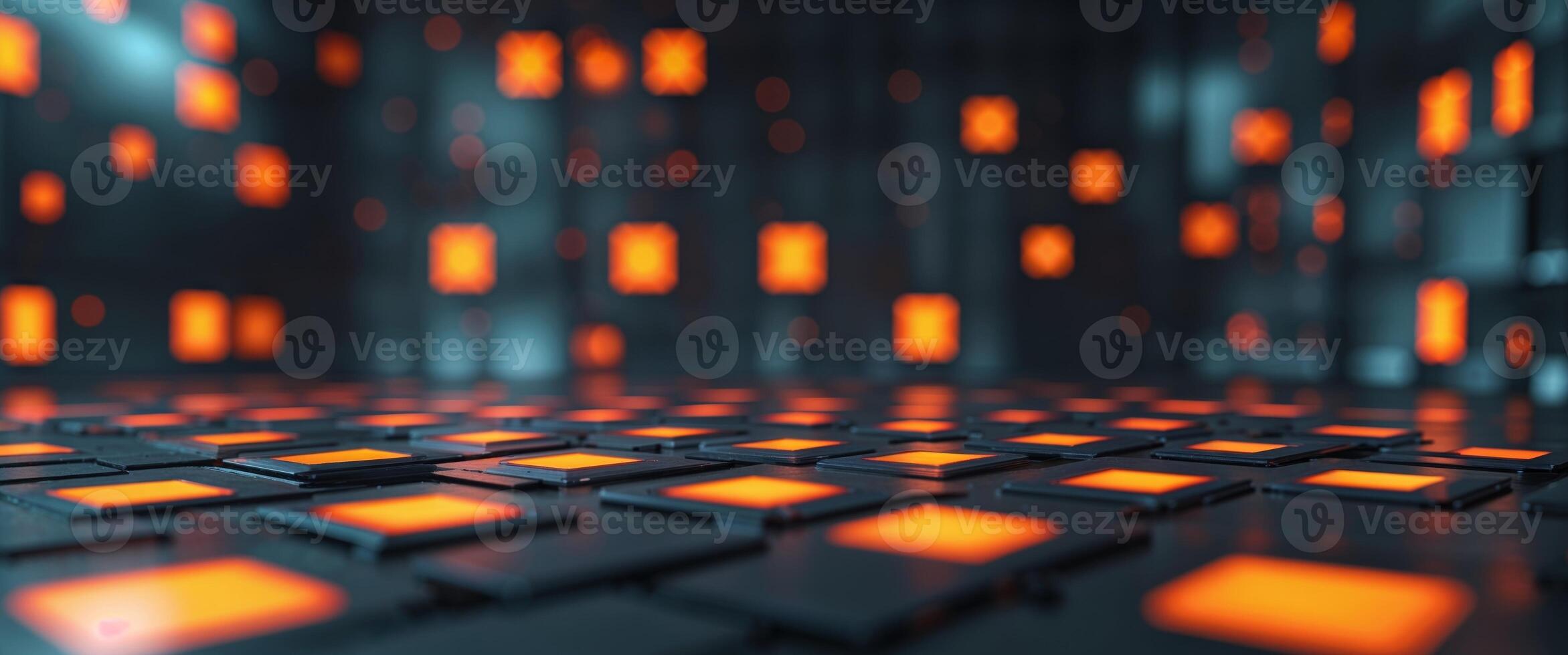 A futuristic panel display featuring glowing orange lights and squares. photo