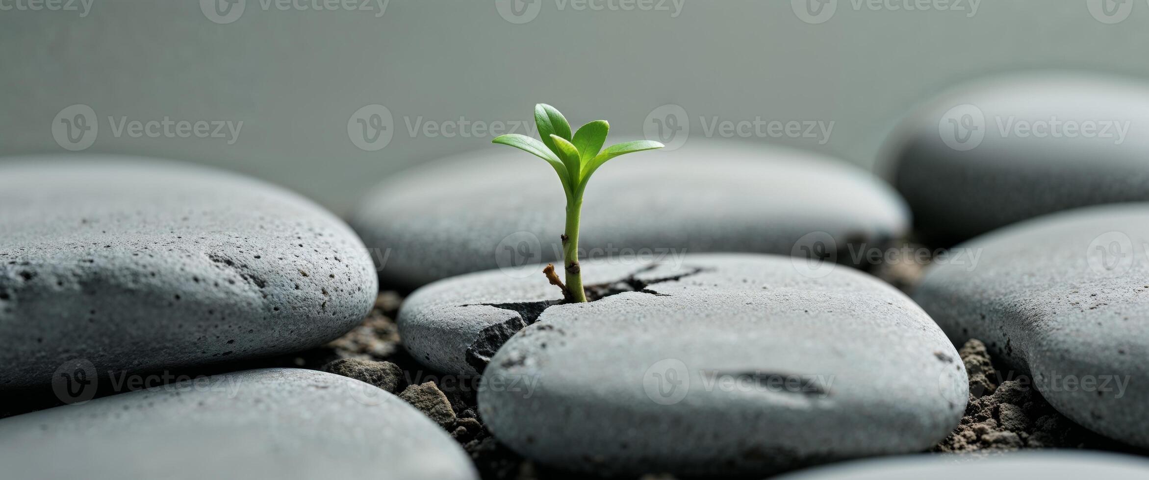 Small Green Sprout Growing Among Smooth Gray Stones Close Up Symbolizing Growth and Resilience. photo