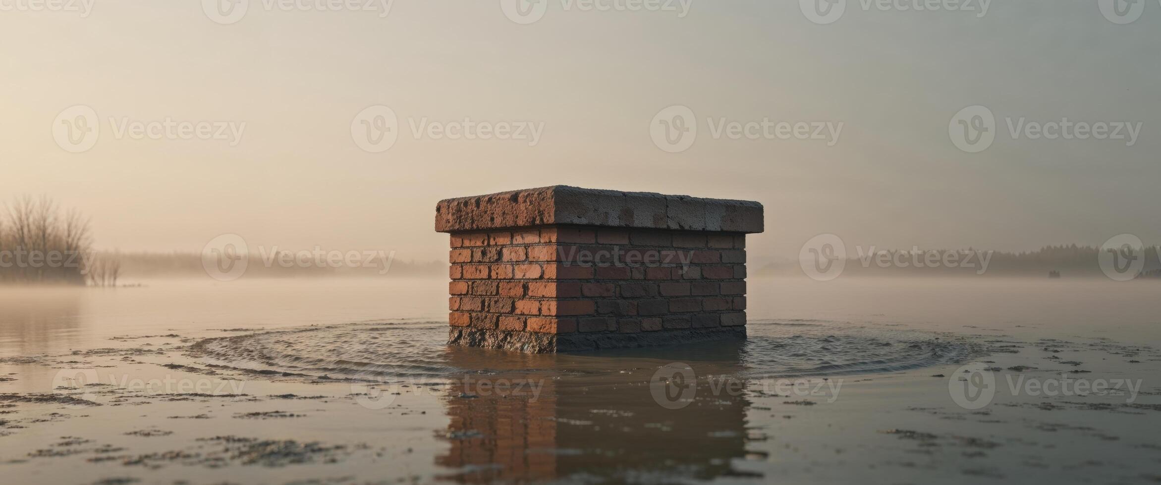 Brick structure emerging from muddy water in a wetland during golden hour light. photo