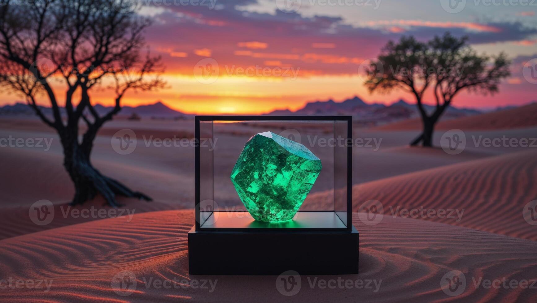 Illuminated Green Gemstone In Display Case At Sunset Desert Landscape photo