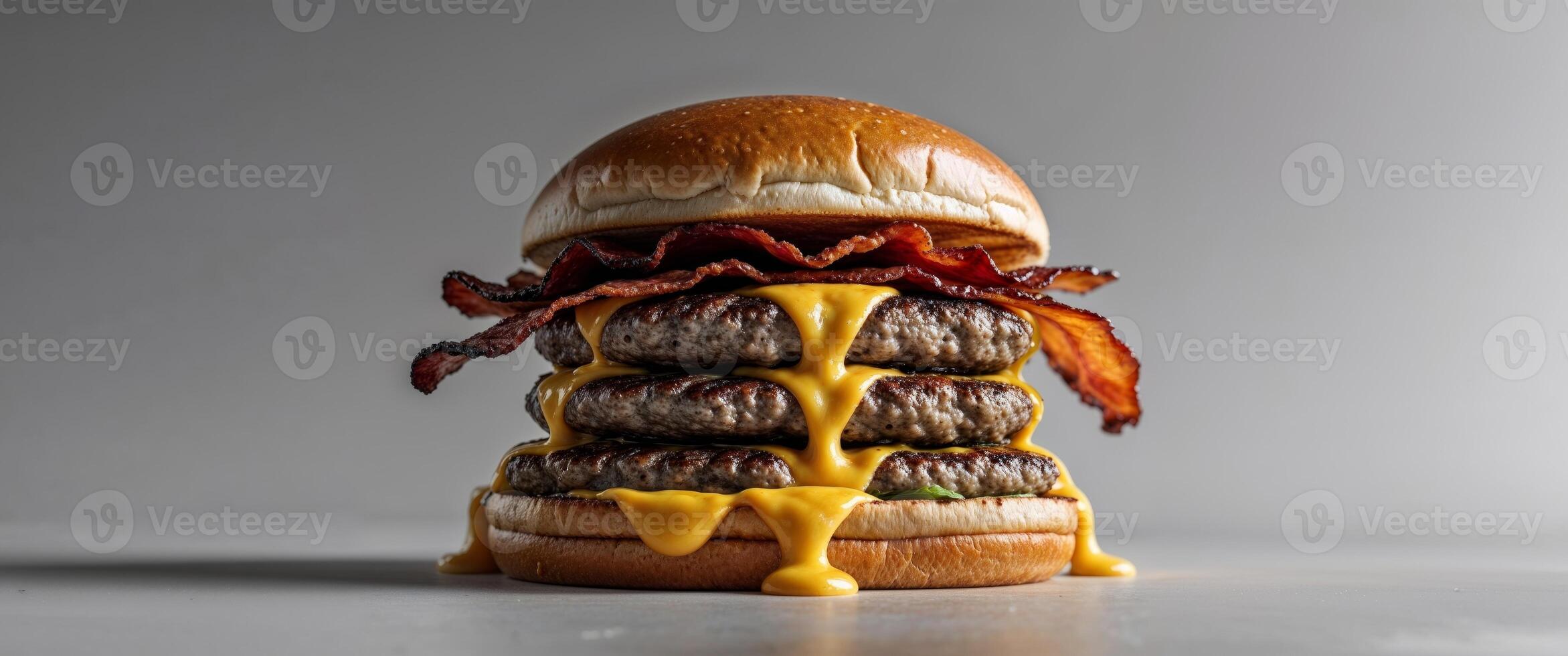 Delicious stacked double cheeseburger with melted cheese and crispy bacon. photo