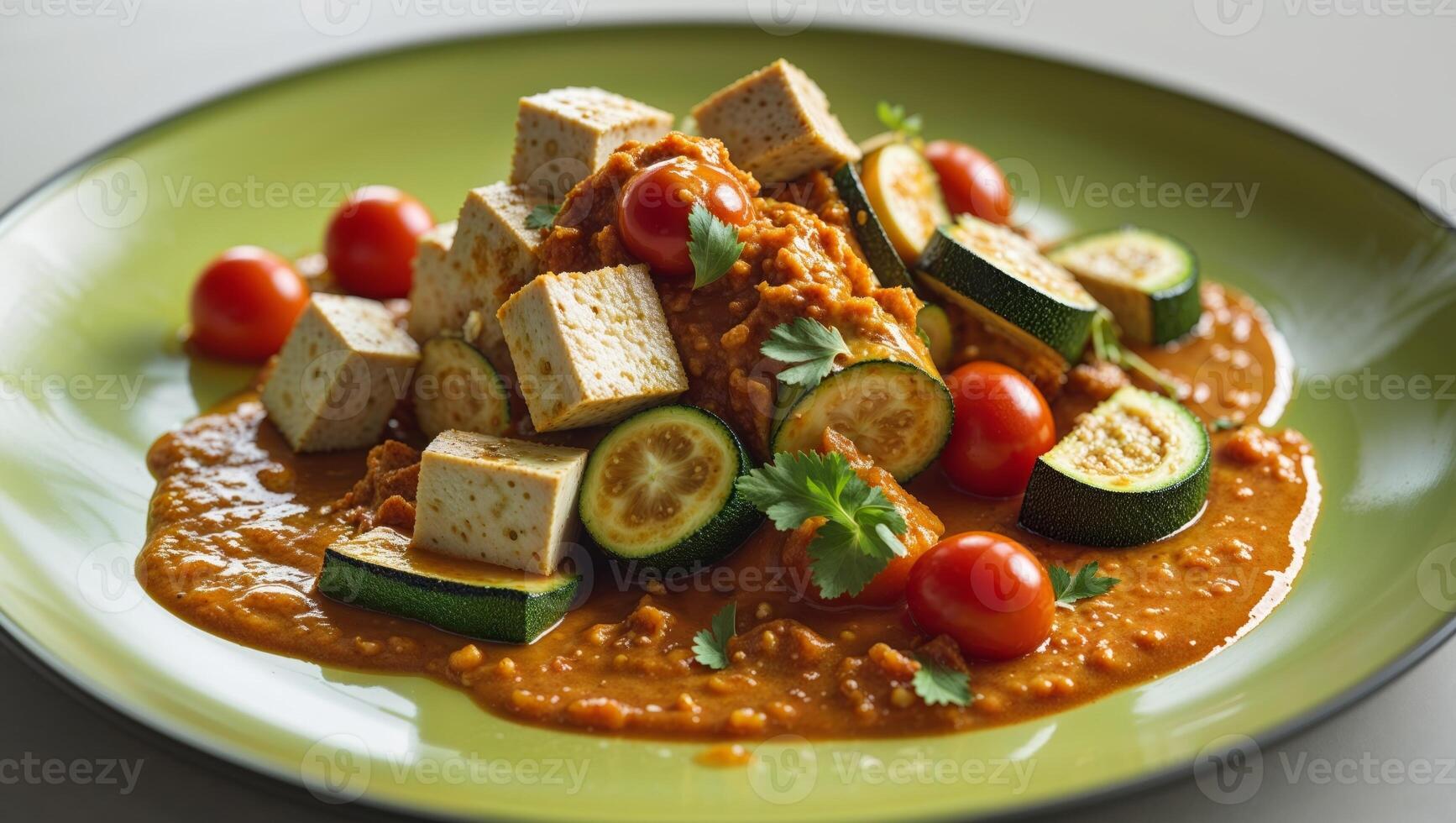 A plate of tofu and vegetables with tomato sauce photo