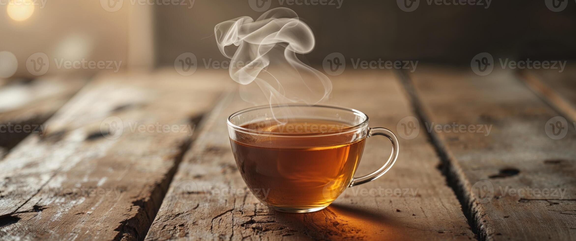 Warm glass of tea on rustic wooden table surface photo