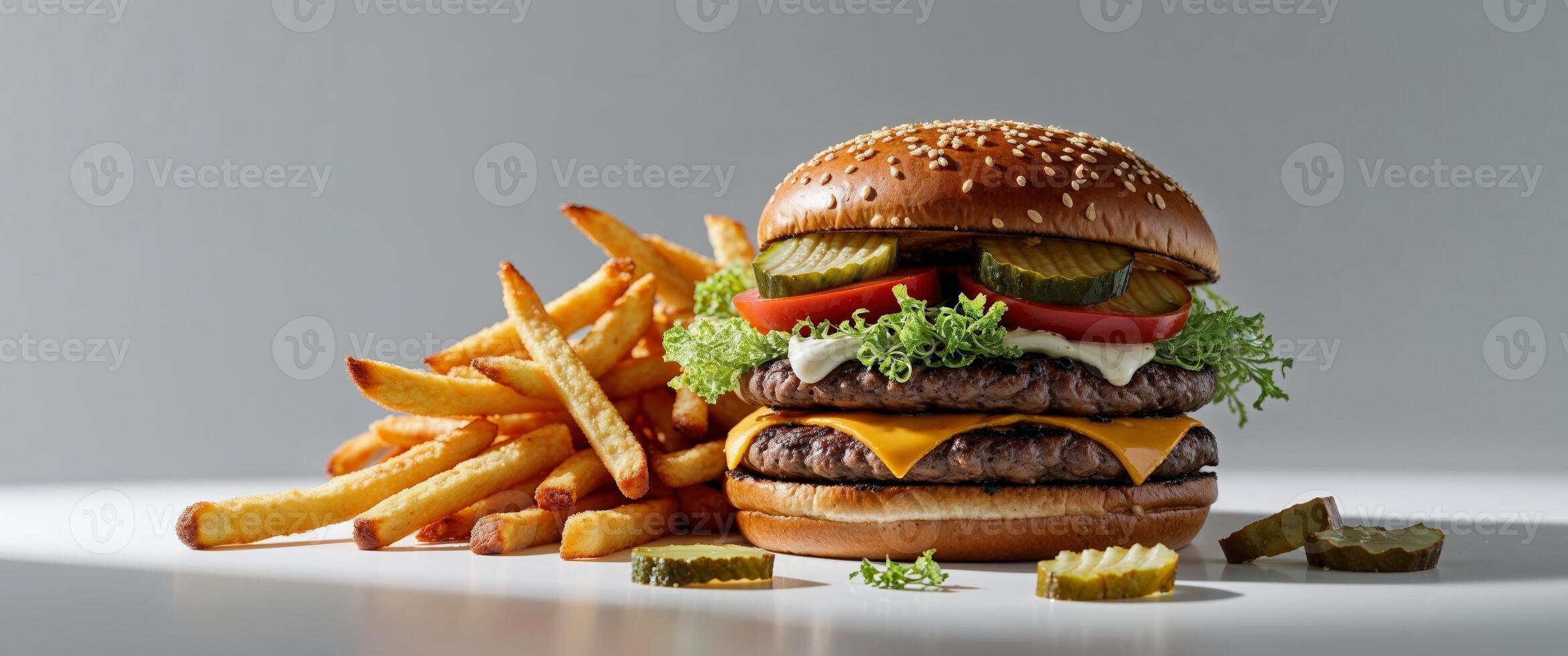 Indulgent double cheeseburger with fresh toppings and a side of golden fries. photo