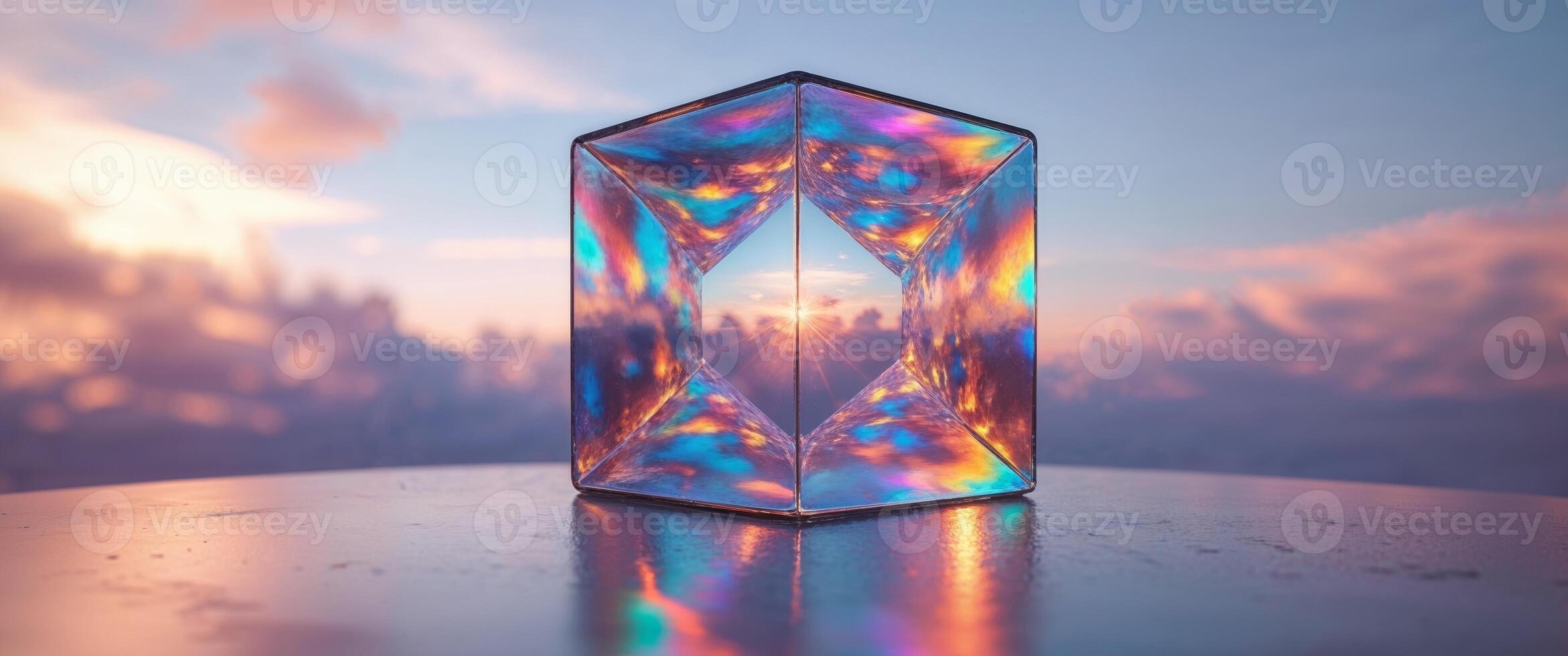 A glass cube with a rainbow reflection on it photo