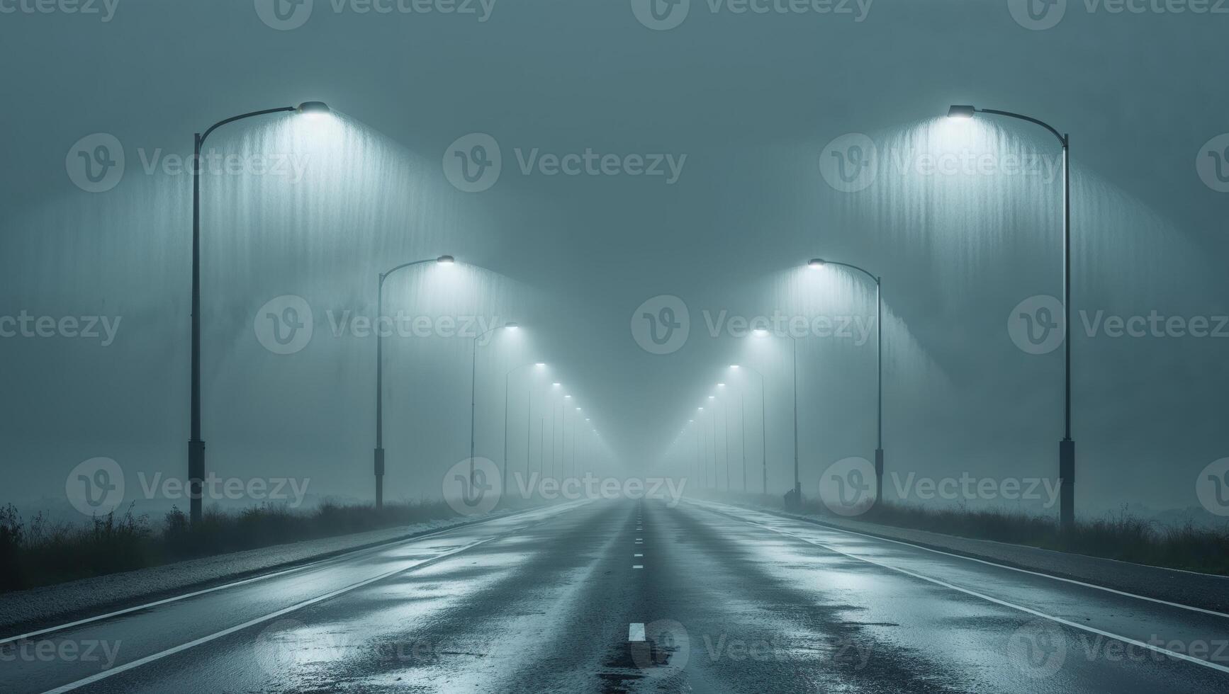 A long empty road with street lights in the fog photo