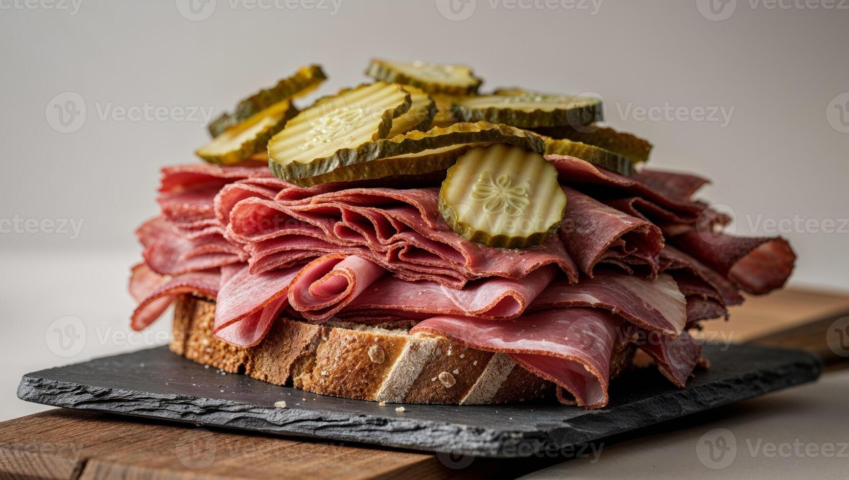 A sandwich with meat and pickles on a cutting board photo