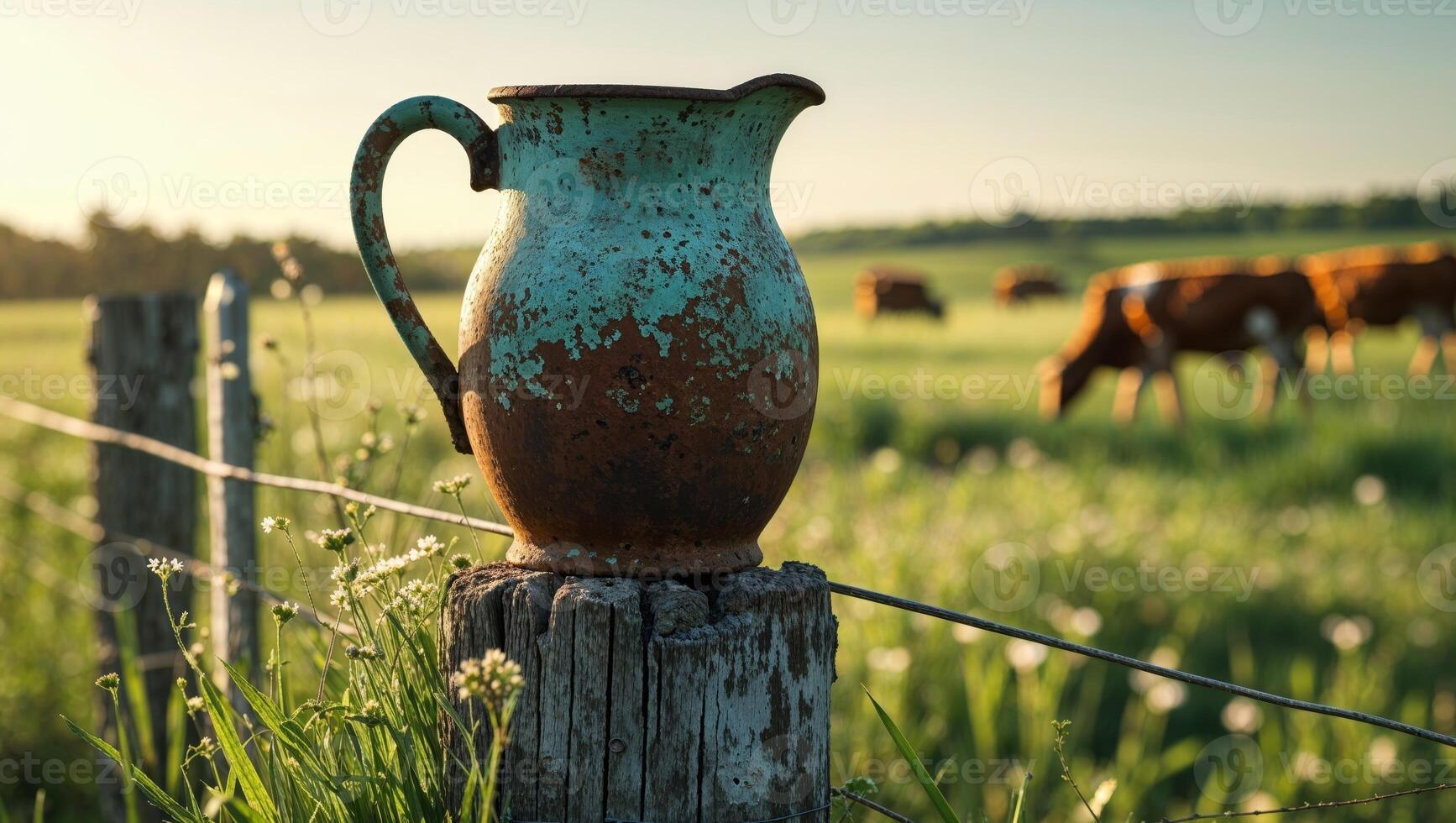 A rusty pitcher sitting on a fence post in a field photo