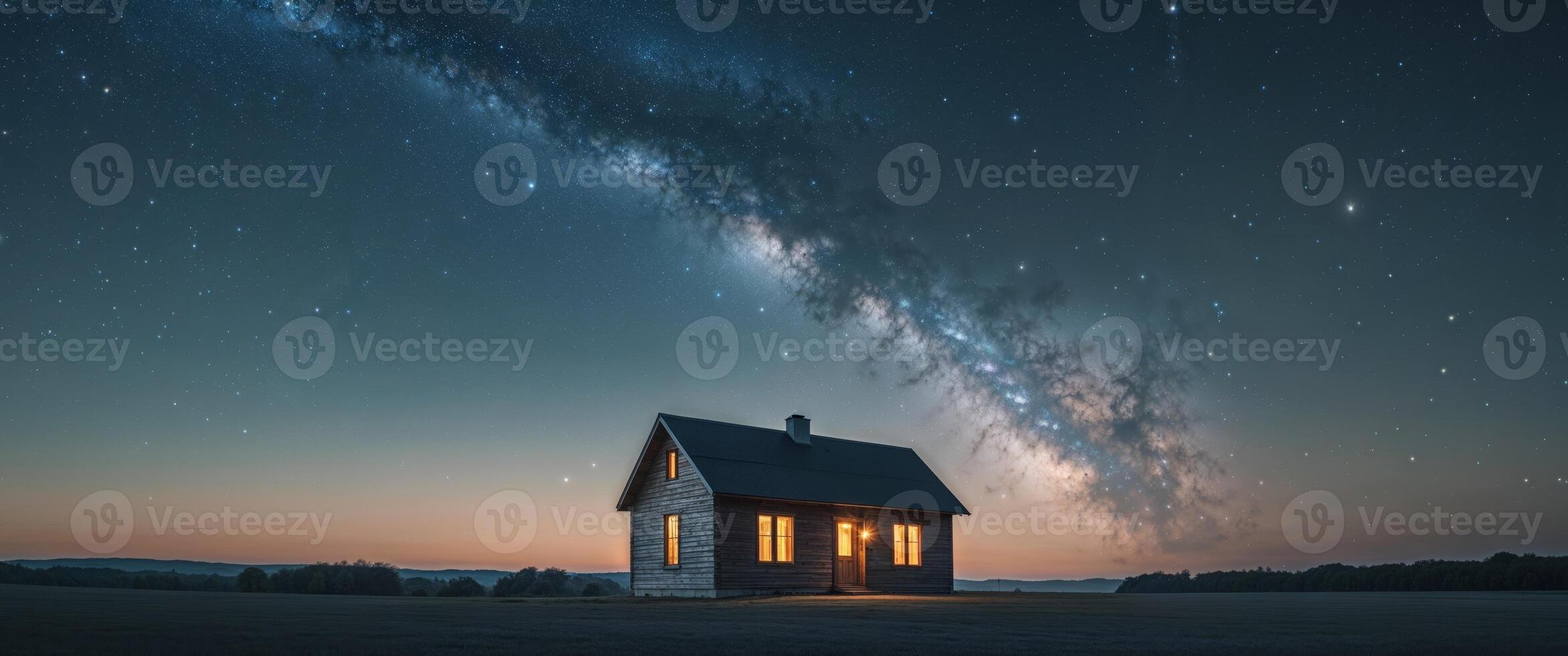 A small house in the middle of a field with the milky in the sky photo