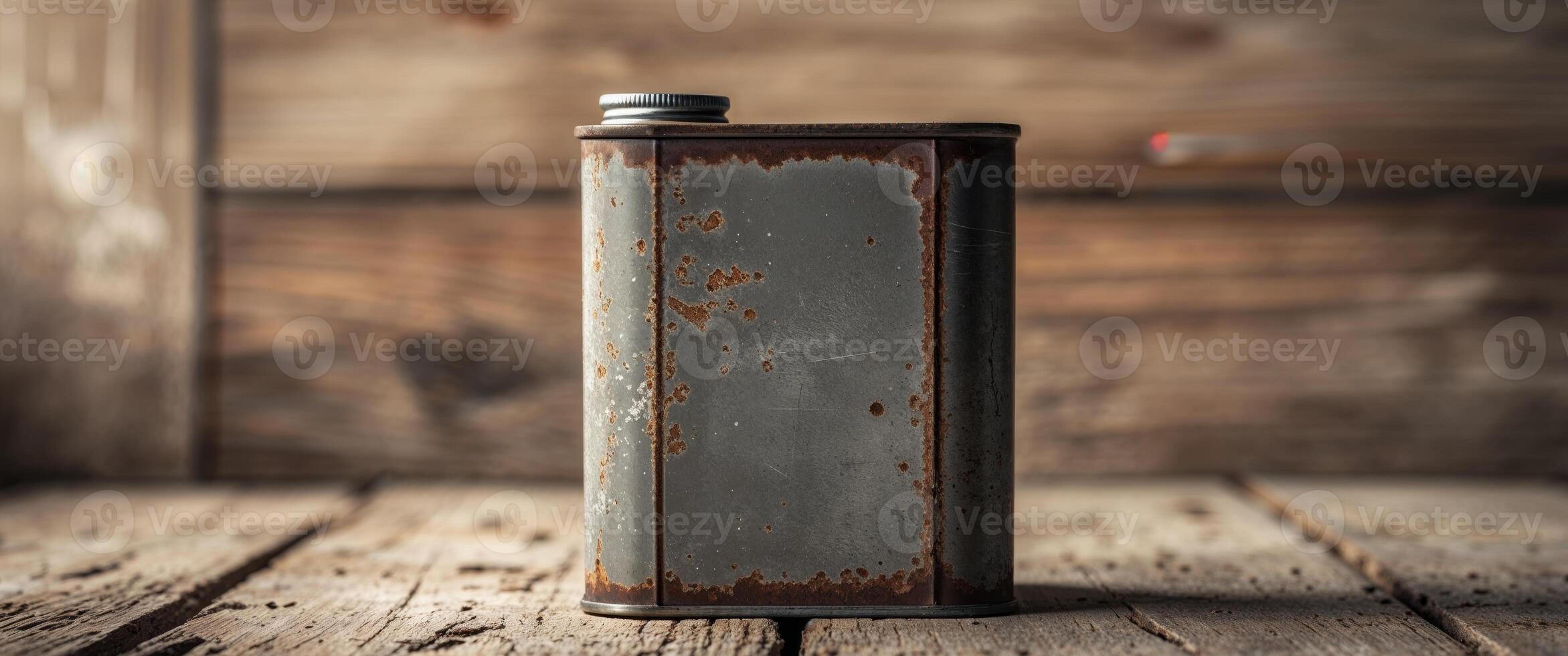 Rustic Vintage Tin Can with Copy Space for Product Presentation. photo