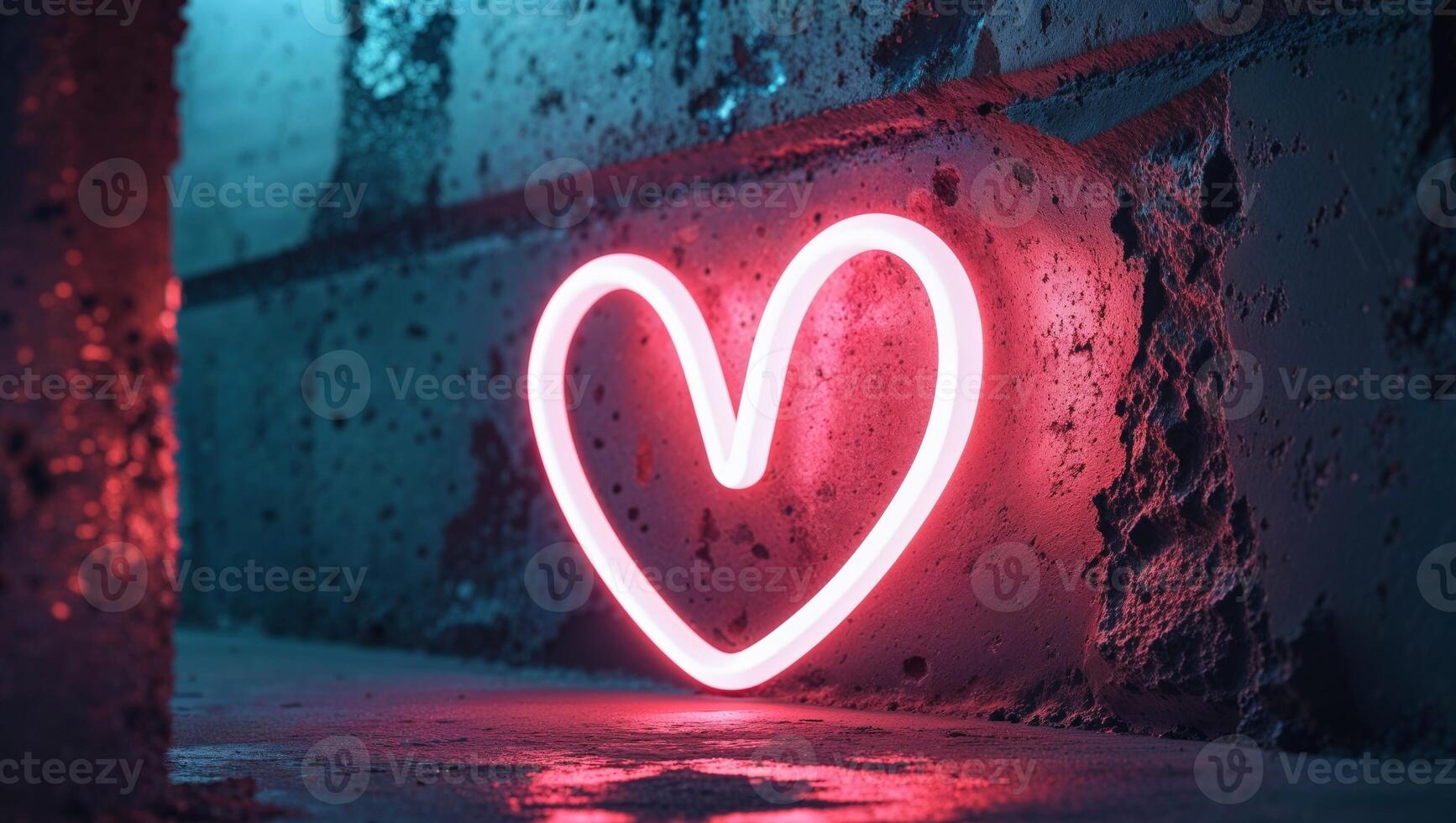 A brightly illuminated neon heart shape on a textured wall. photo