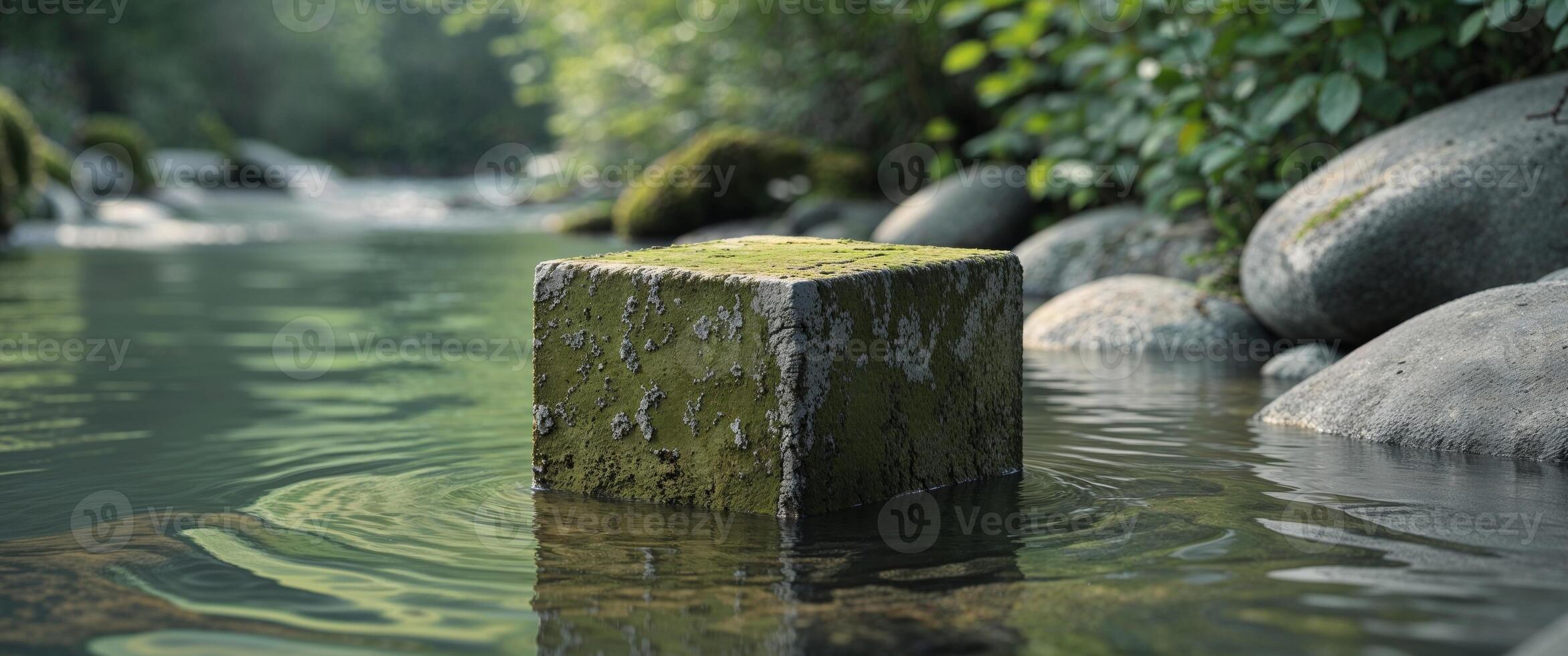A square object rests on a riverbank by flowing water photo