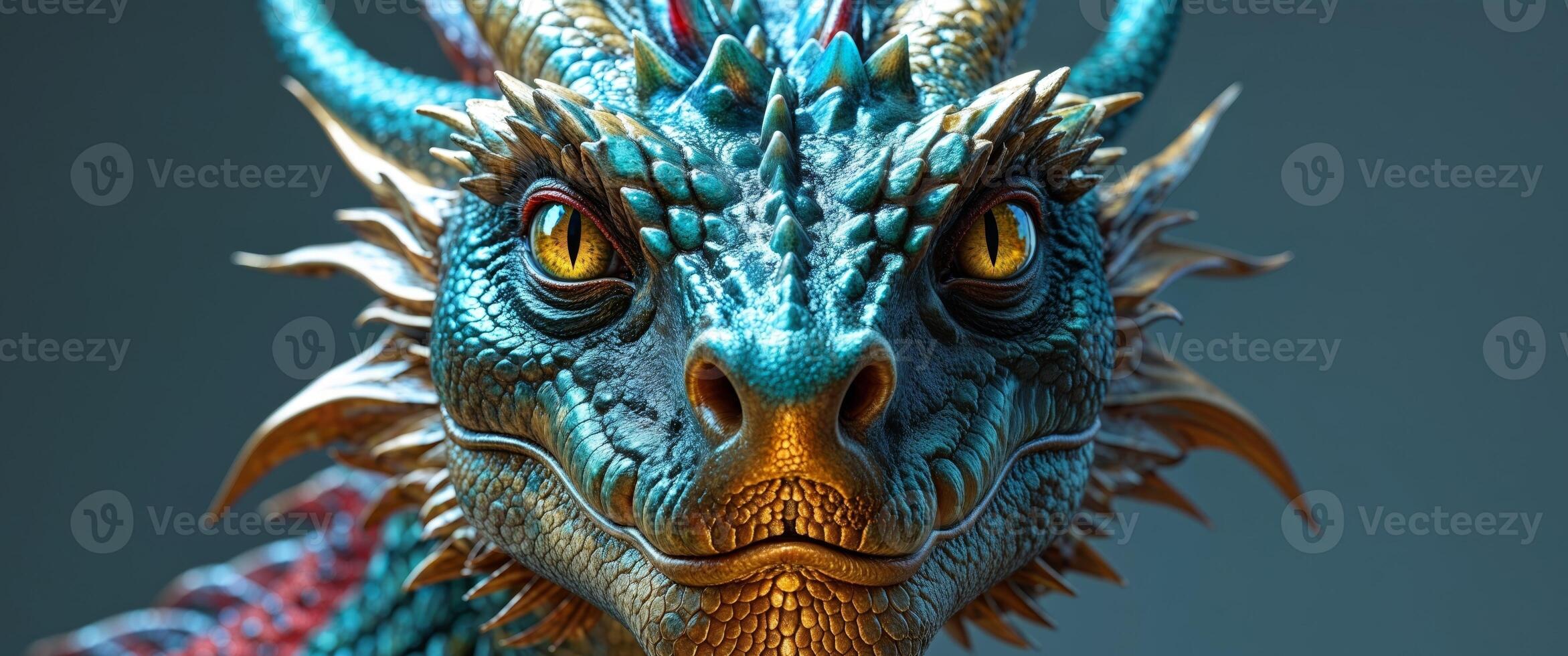A close up of a dragon's head with a blue and red color scheme photo