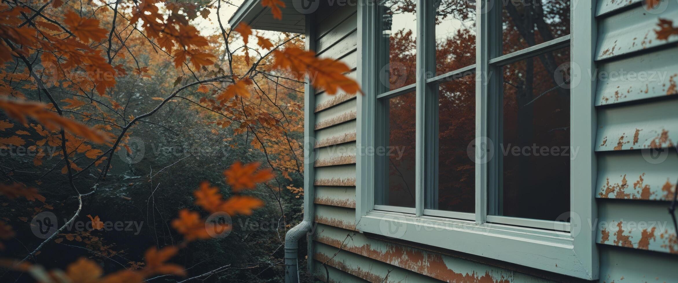 A window in a house with autumn leaves on the outside photo