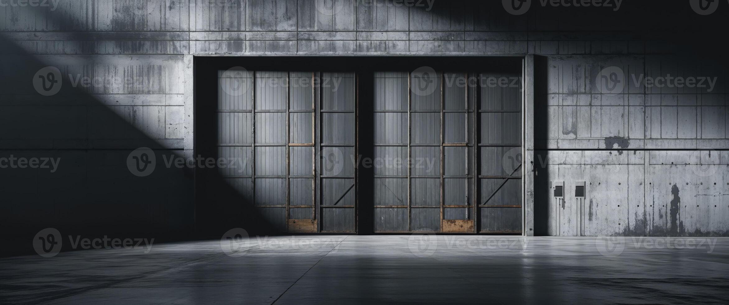 An empty room with a large door and light shining through photo