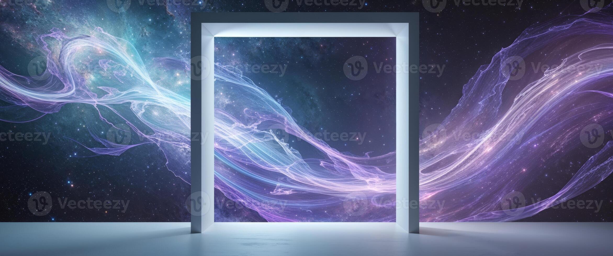 An open door to a galaxy with a purple and blue swirl photo