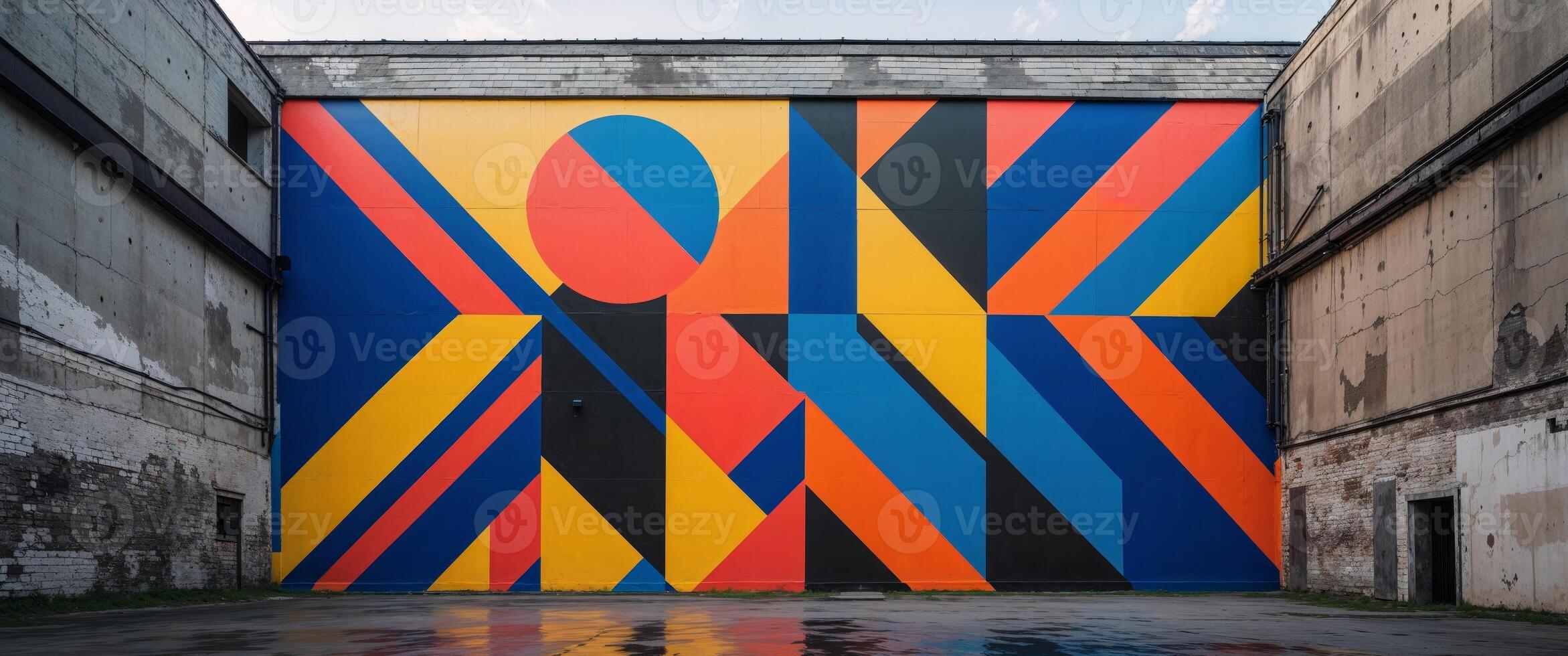 A large colorful wall with a large geometric design photo
