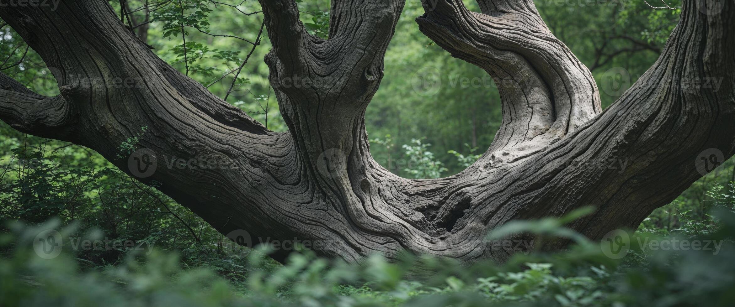 A tree with a twisted trunk in the woods photo