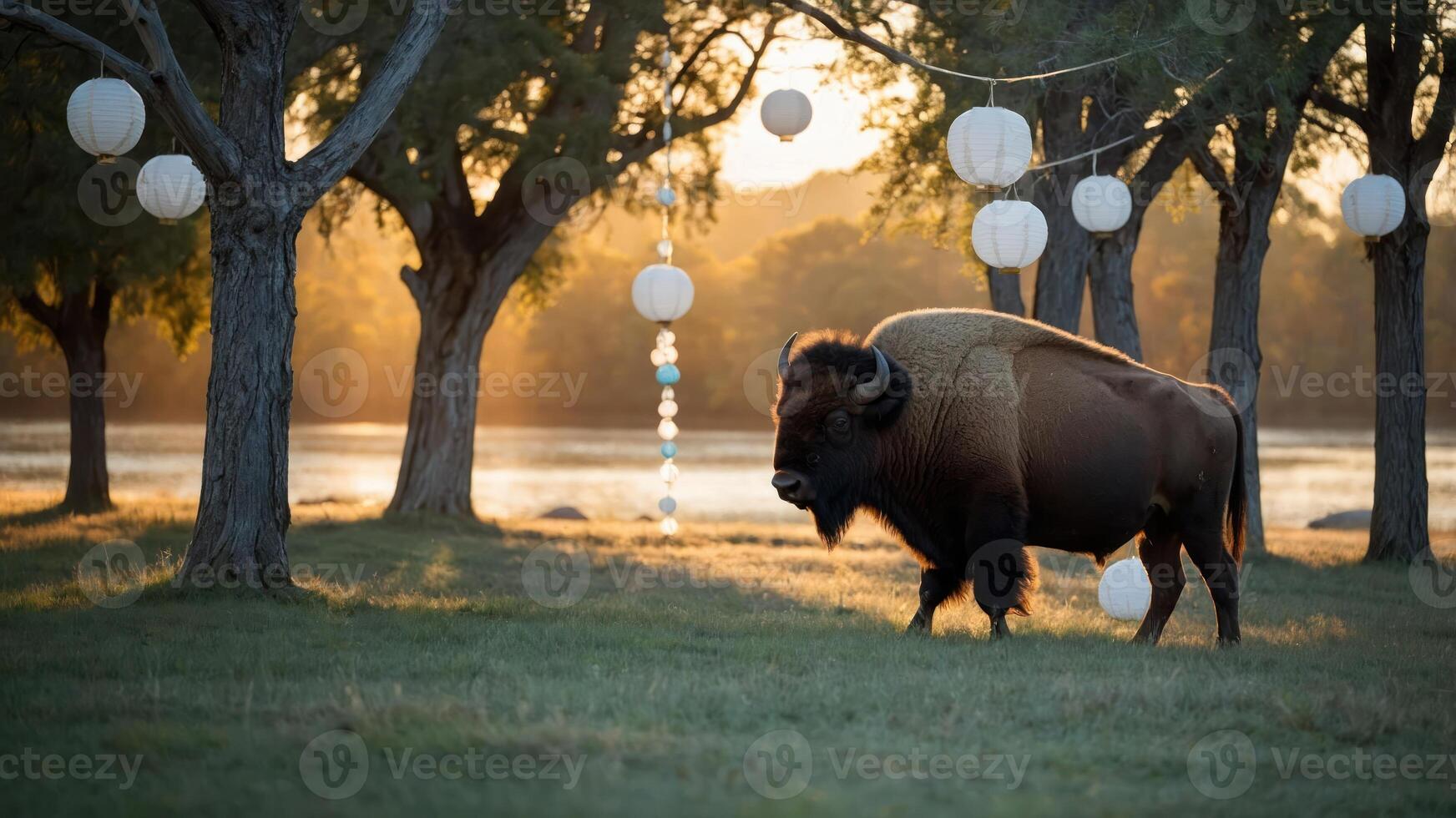 Bison Grazing on Grassy Field with Paper Lanterns photo