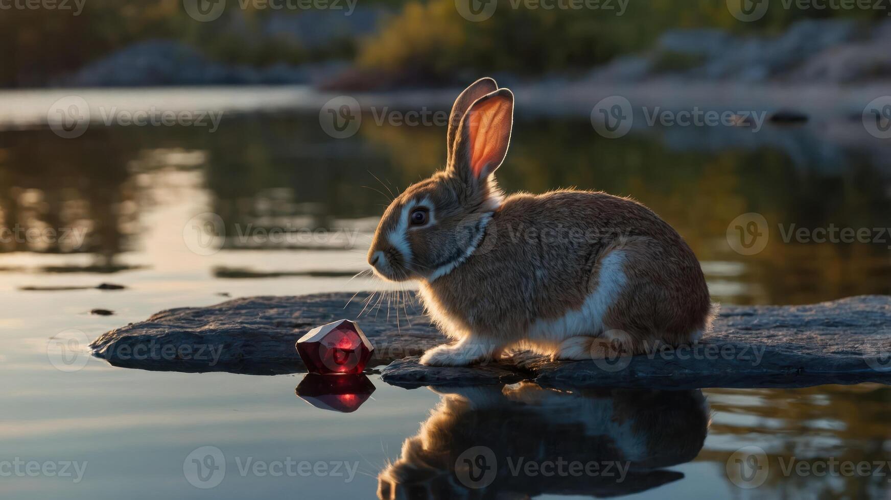 Rabbit Sitting on Rock Near Water and Red Jewel photo