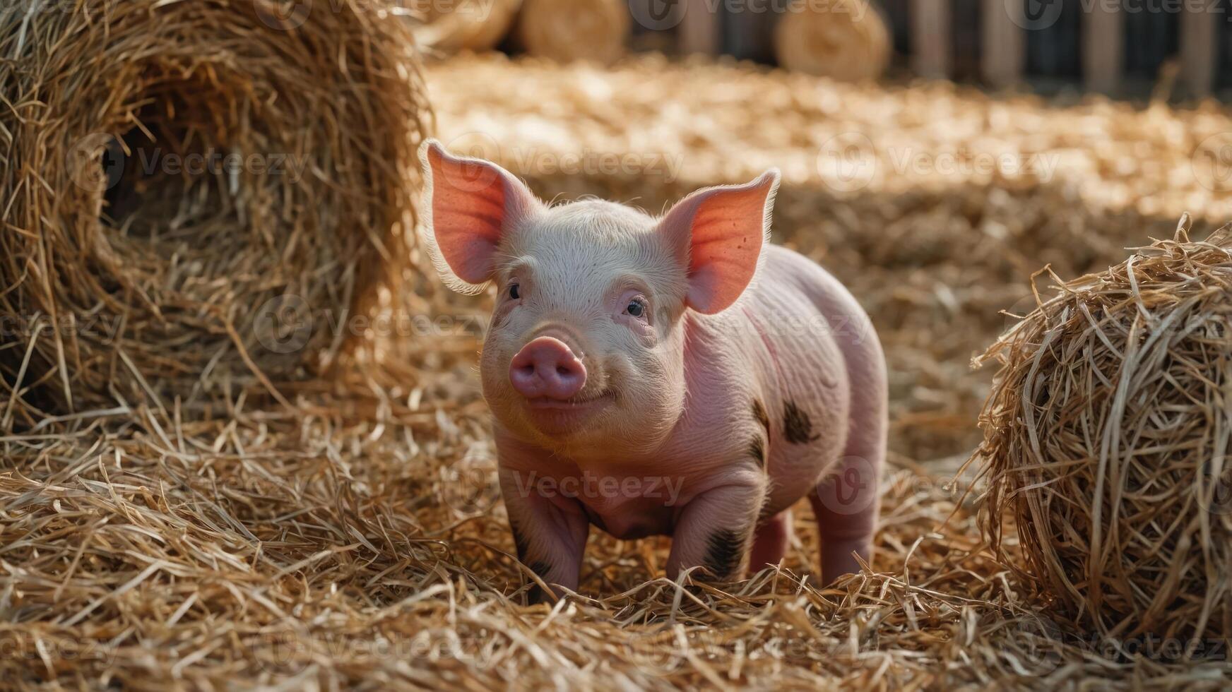 Small Piglet Standing in Straw on Farm Ground photo