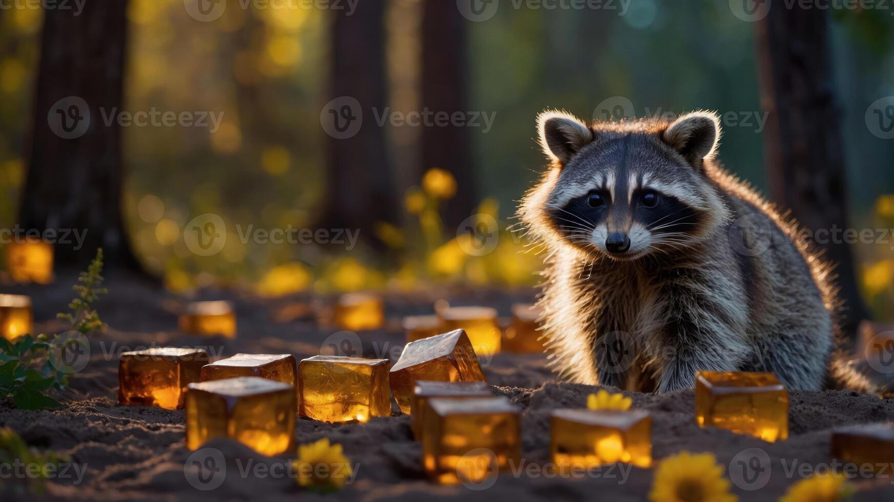Raccoon Posing Near Glowing Cubes in the Forest photo