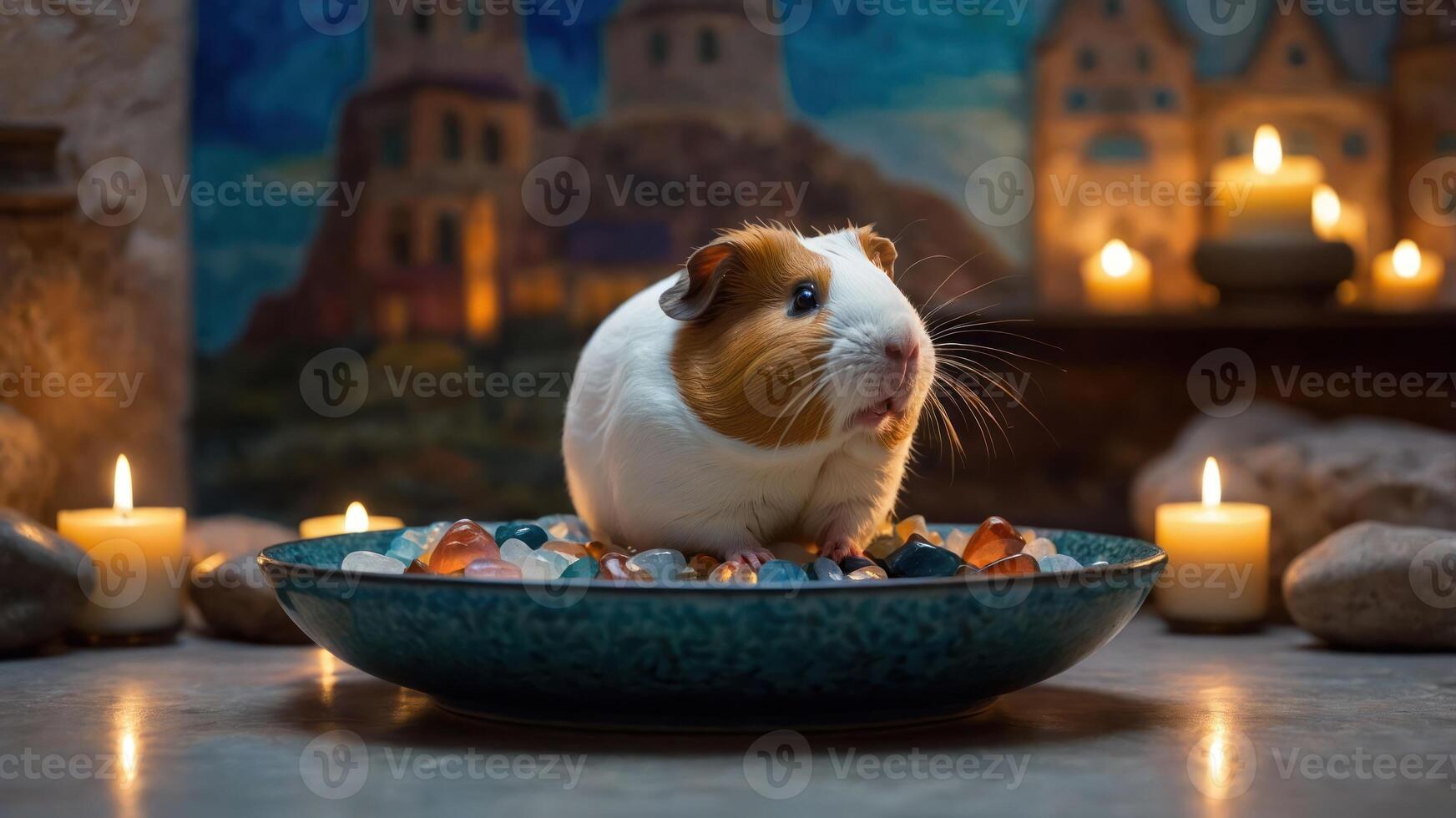 Guinea Pig Resting on Colorful Stones with Candle Light photo