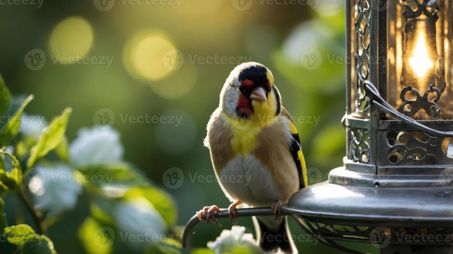 Goldfinch Perching on Lantern in Outdoor Garden Setting photo