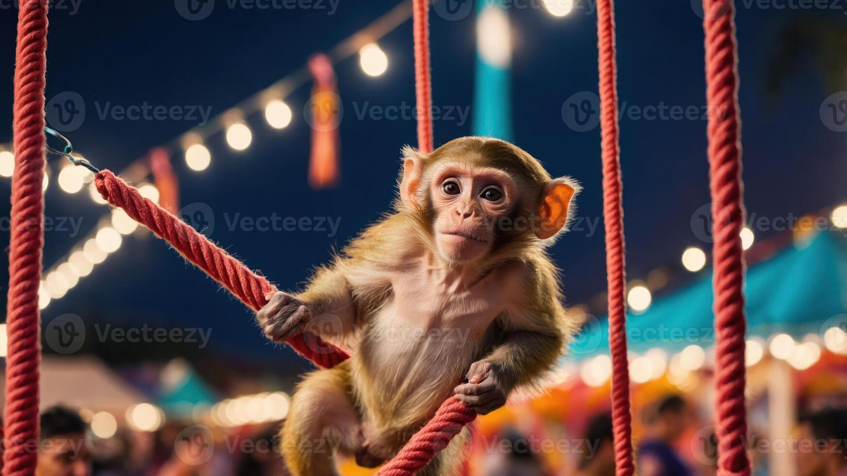 Monkey Climbing Red Rope at Night Event with Lights photo