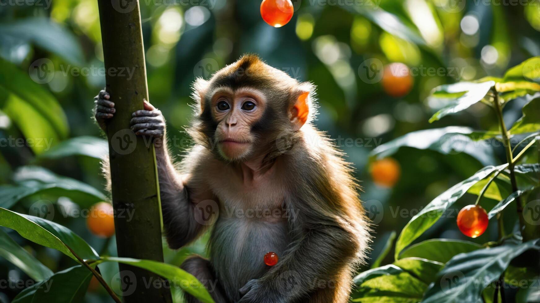 Young Monkey Sitting in Lush Green Forest photo