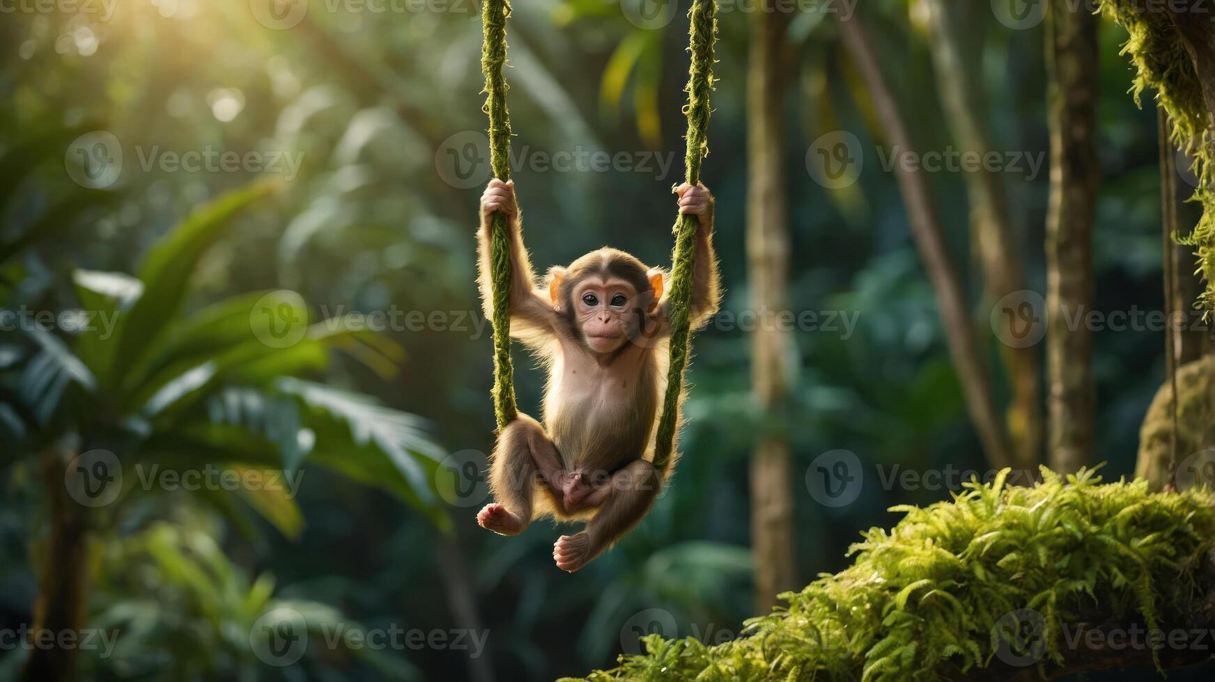 Baby Monkey Swinging on Vine in Lush Tropical Jungle photo
