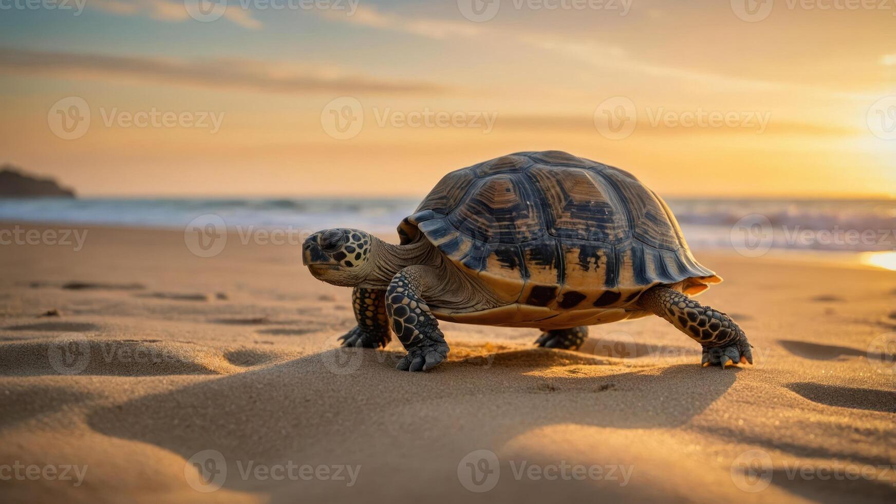 Turtle Walking on Beach Sand During Golden Sunset photo