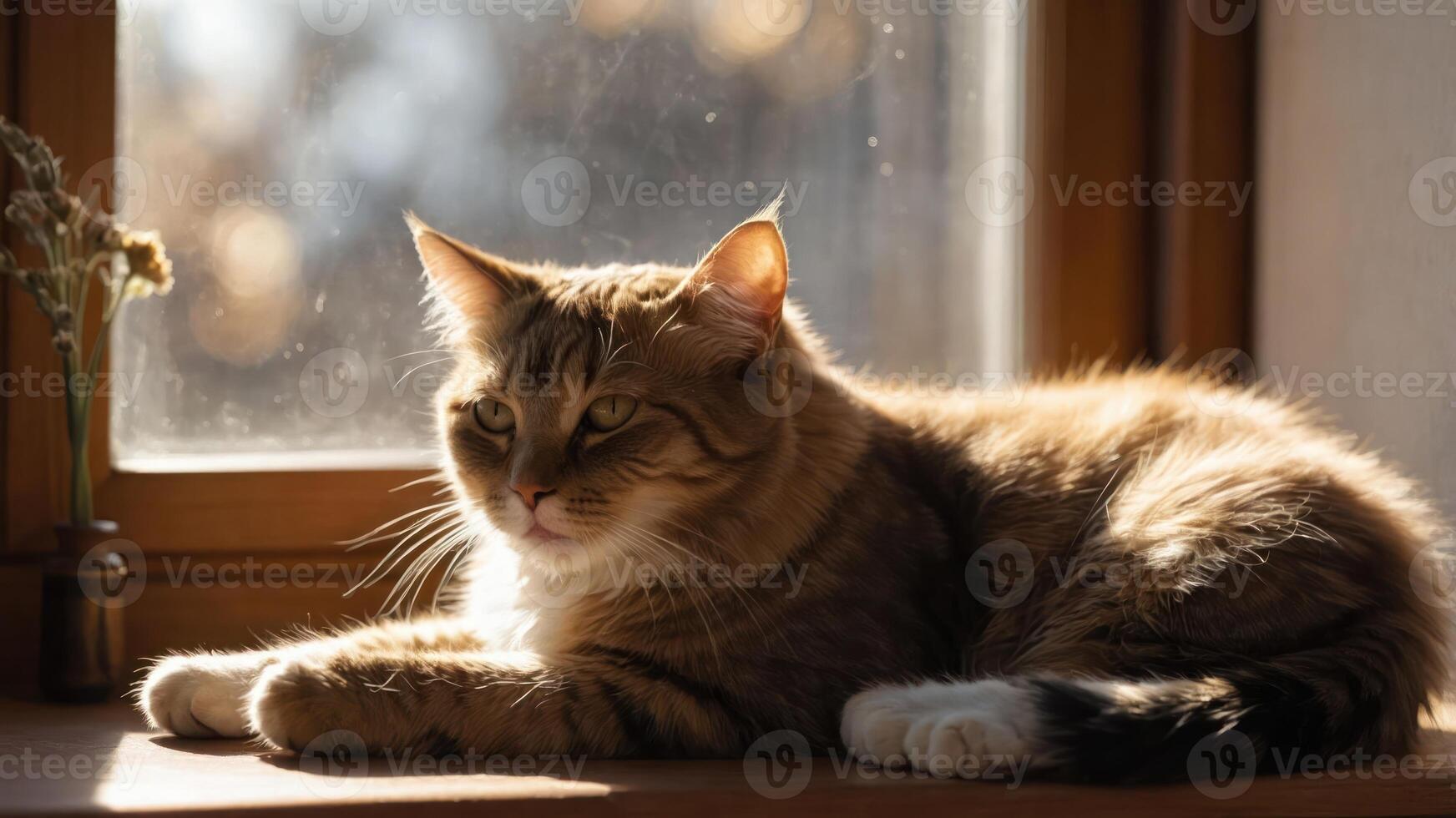 Cat Relaxing by Window in Warm Sunlight photo