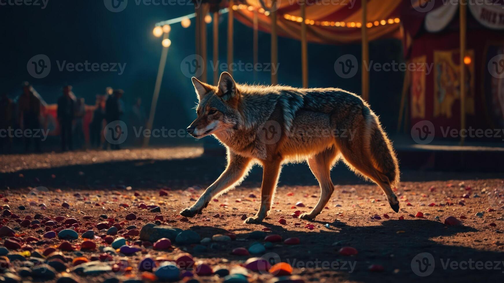 Wild Canine Walking Near Event Tent at Night photo