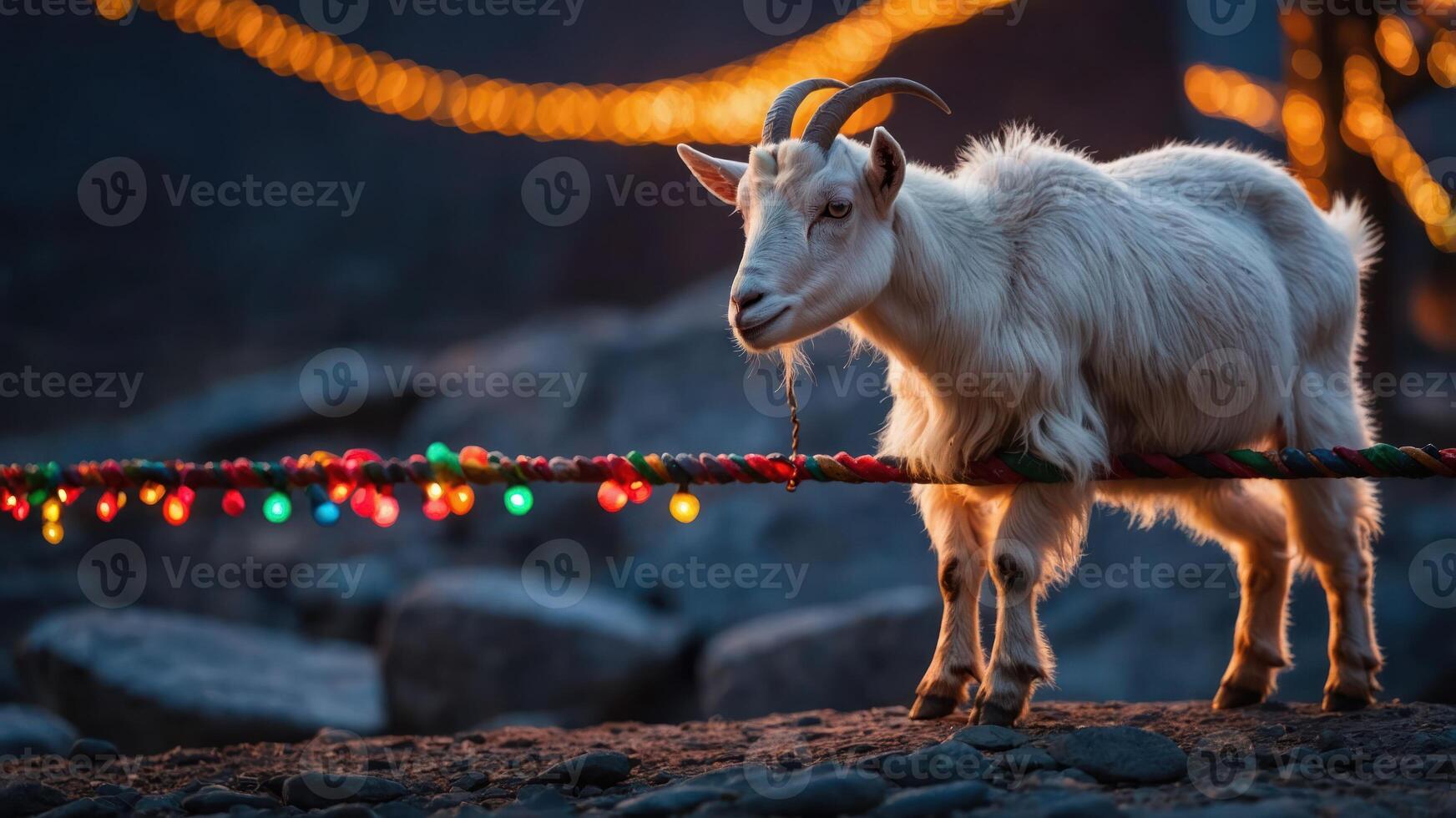Standing Goat with Festive Colorful String Lights photo