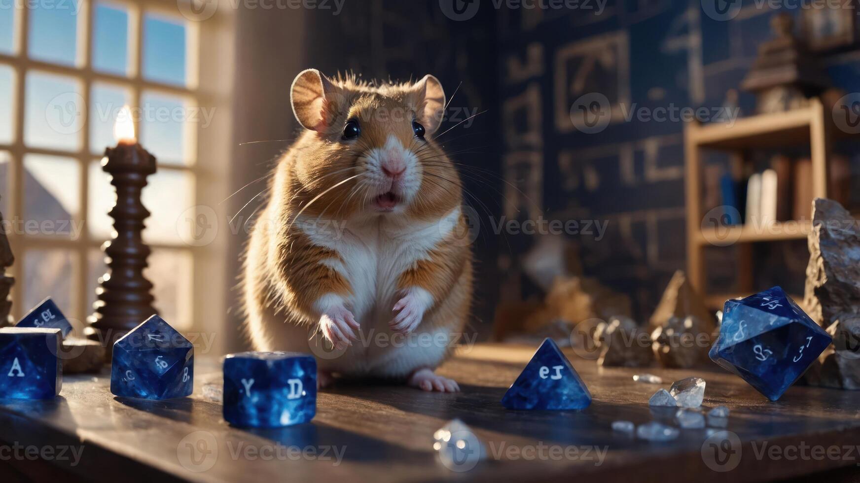 Hamster with Polyhedral Dice on a Wooden Table Indoors photo