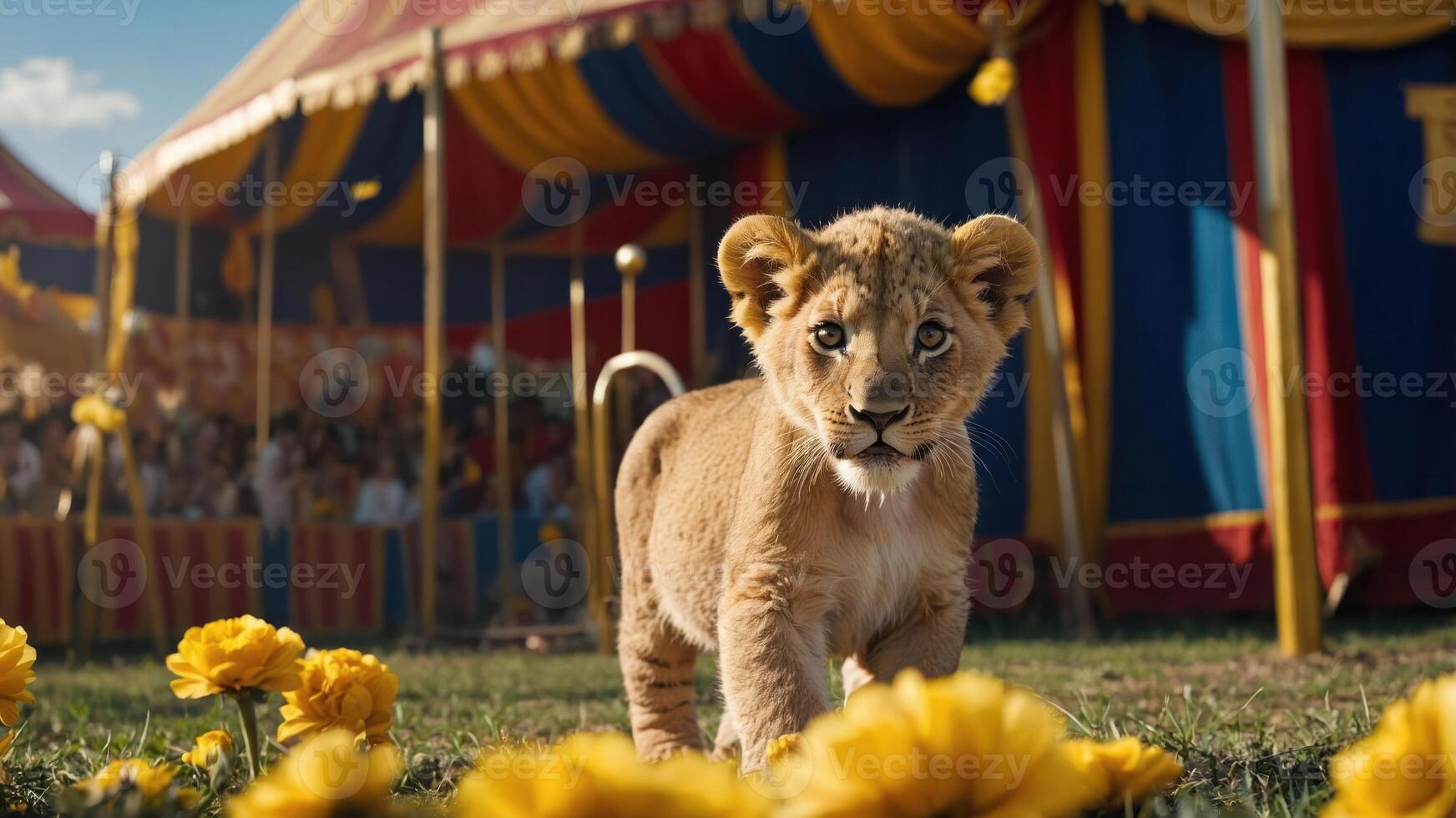 Lion Cub Walking Through Field Near Colorful Tent photo