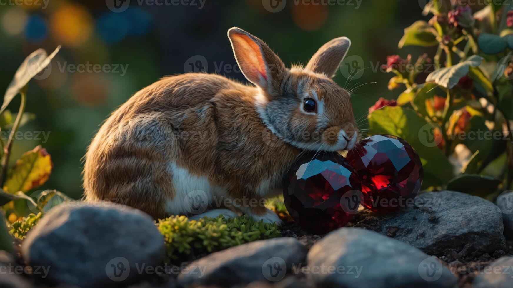 Rabbit with Red Spheres in Natural Garden Setting photo