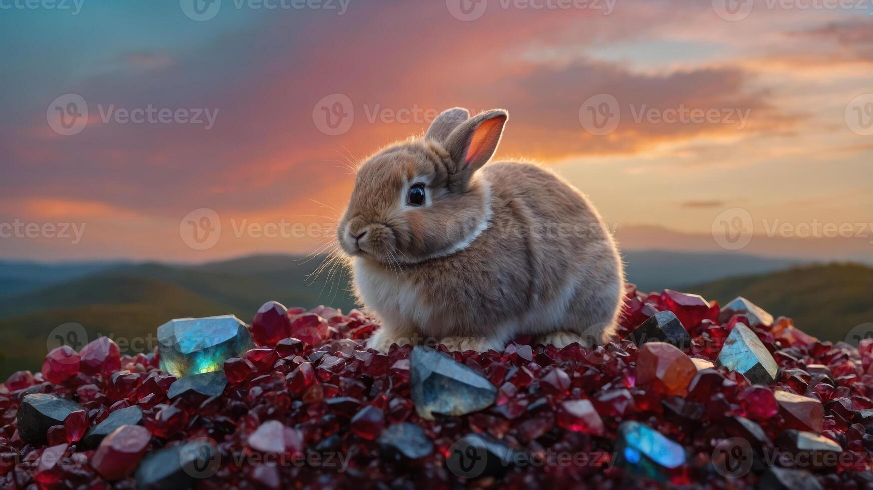Cute Bunny Sitting on Red Gems Against Sunset Sky photo