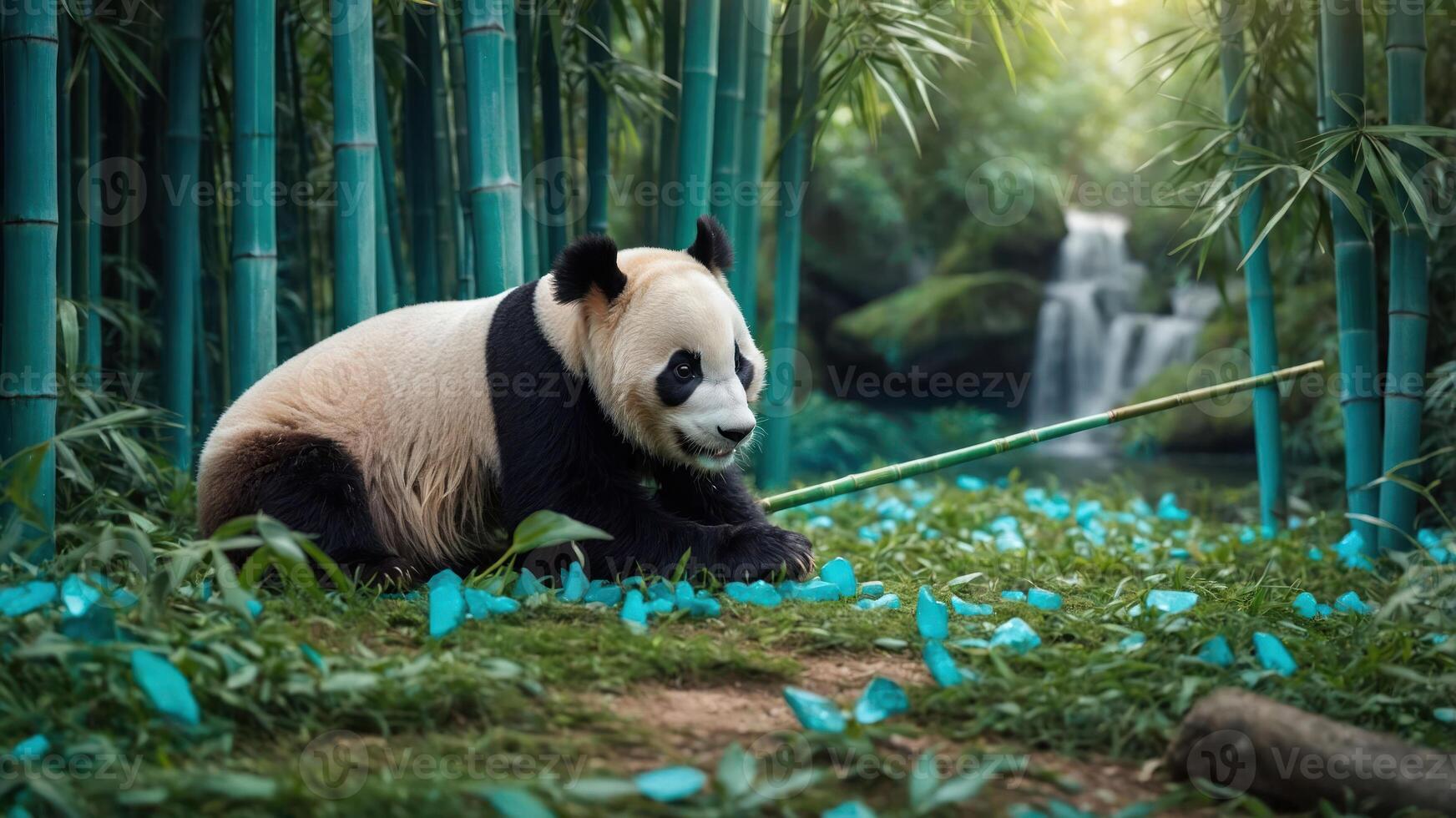Resting Panda Amidst Bamboo Forest with Small Waterfall Backdrop photo