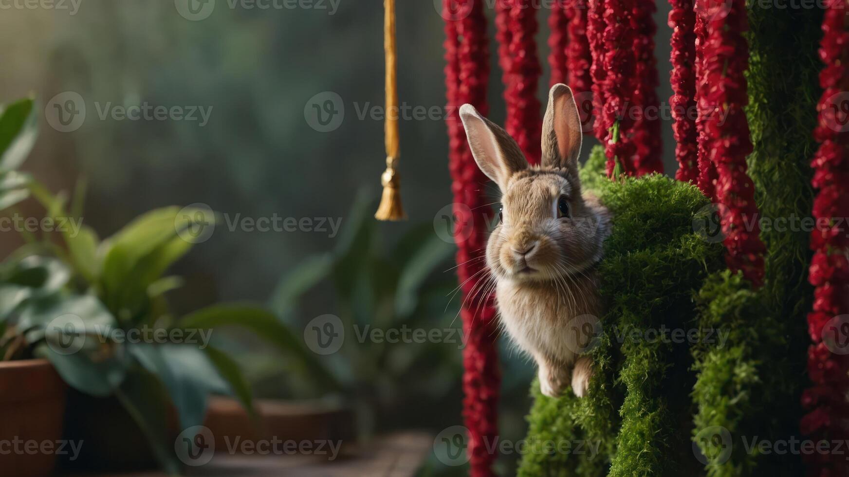 Rabbit Peeking From Mossy Greens with Red Flower Backdrop in Garden photo
