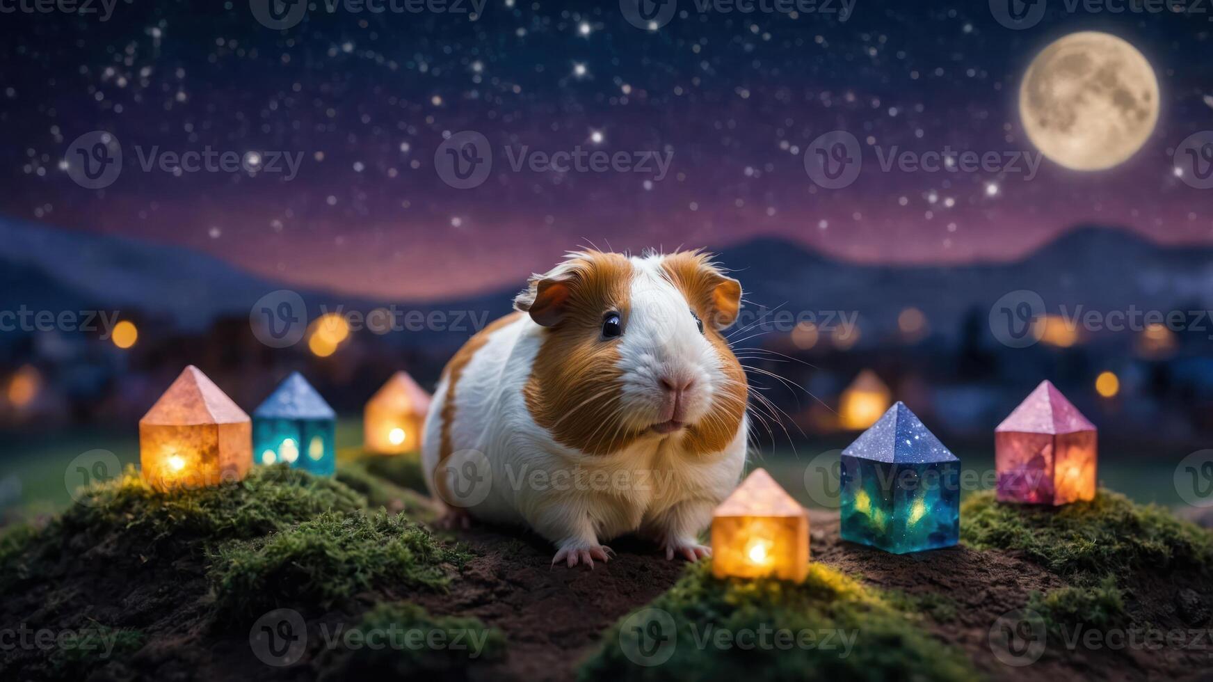 Guinea Pig Surrounded by Glowing Miniature Houses at Night photo