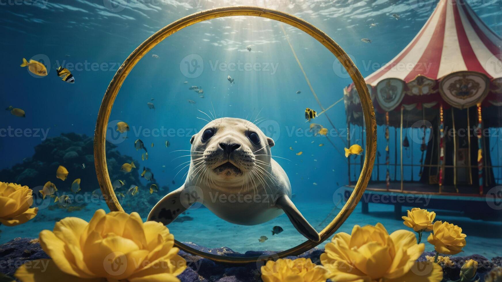 Seal Swimming Through a Ring Underwater with Flowers and Carousel photo