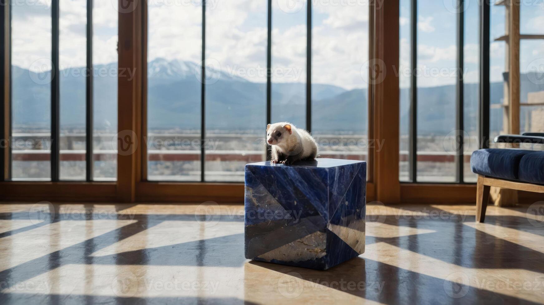 Ferret Sitting on Cube with Mountain View Indoors photo