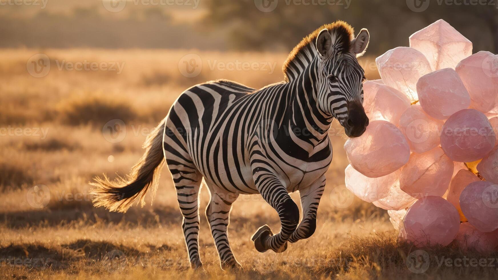 Zebra Running in Grass Field with Abstract Shapes photo