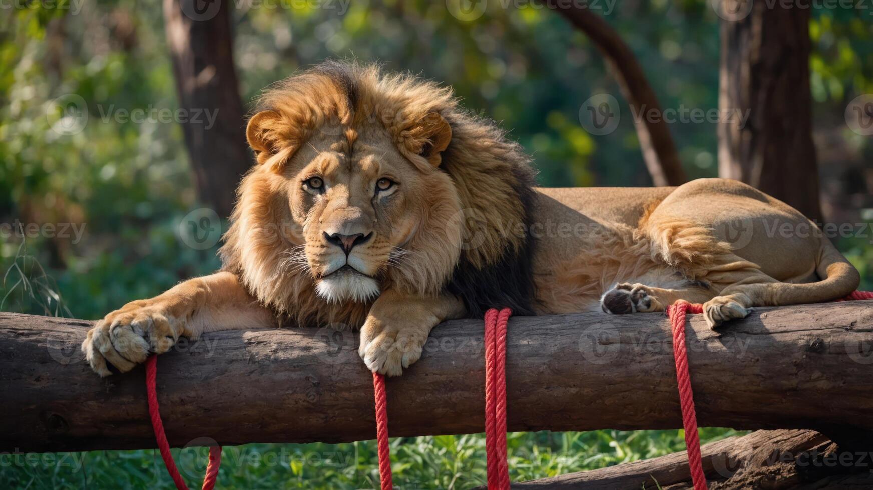 Majestic Lion Relaxing on Log in Nature photo