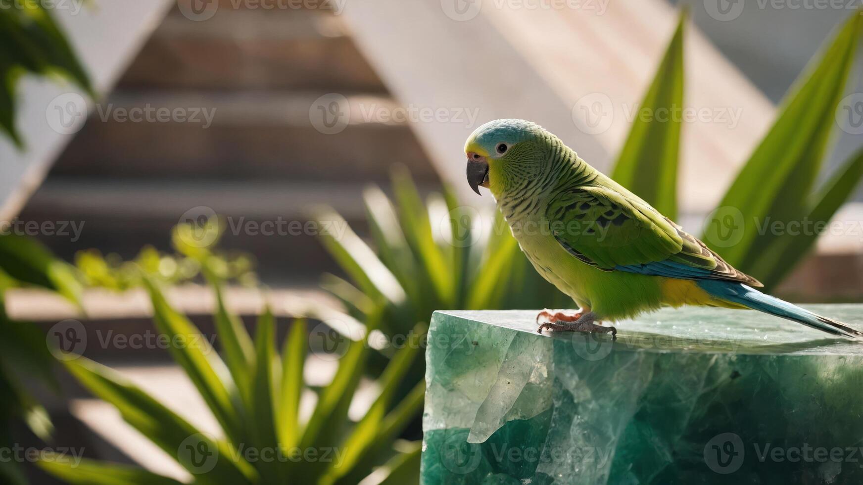 Green Parrot Perched on Stone with Plants Background photo