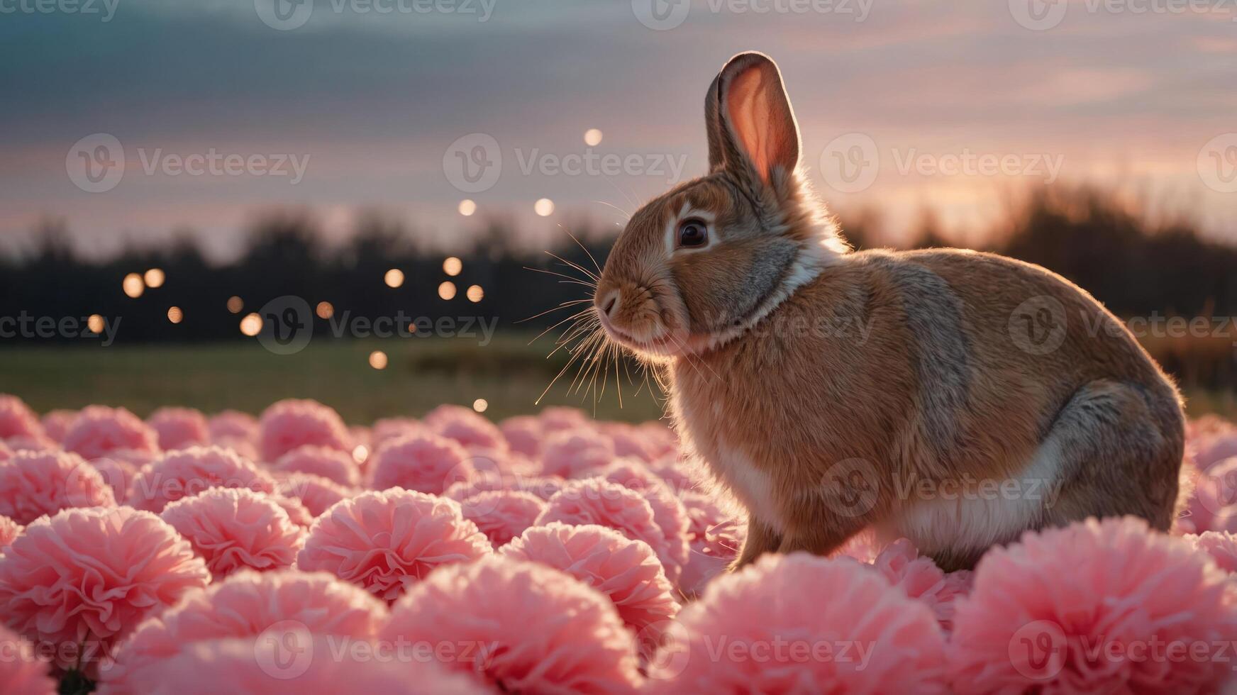 Rabbit Standing in a Field of Pink Flowers Outdoors photo