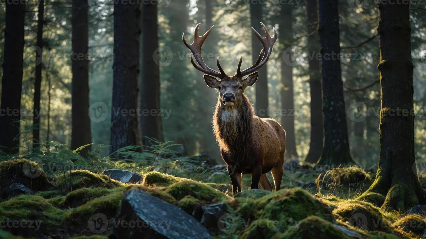 Stag Standing in Forest at Dawn with Sunlight photo